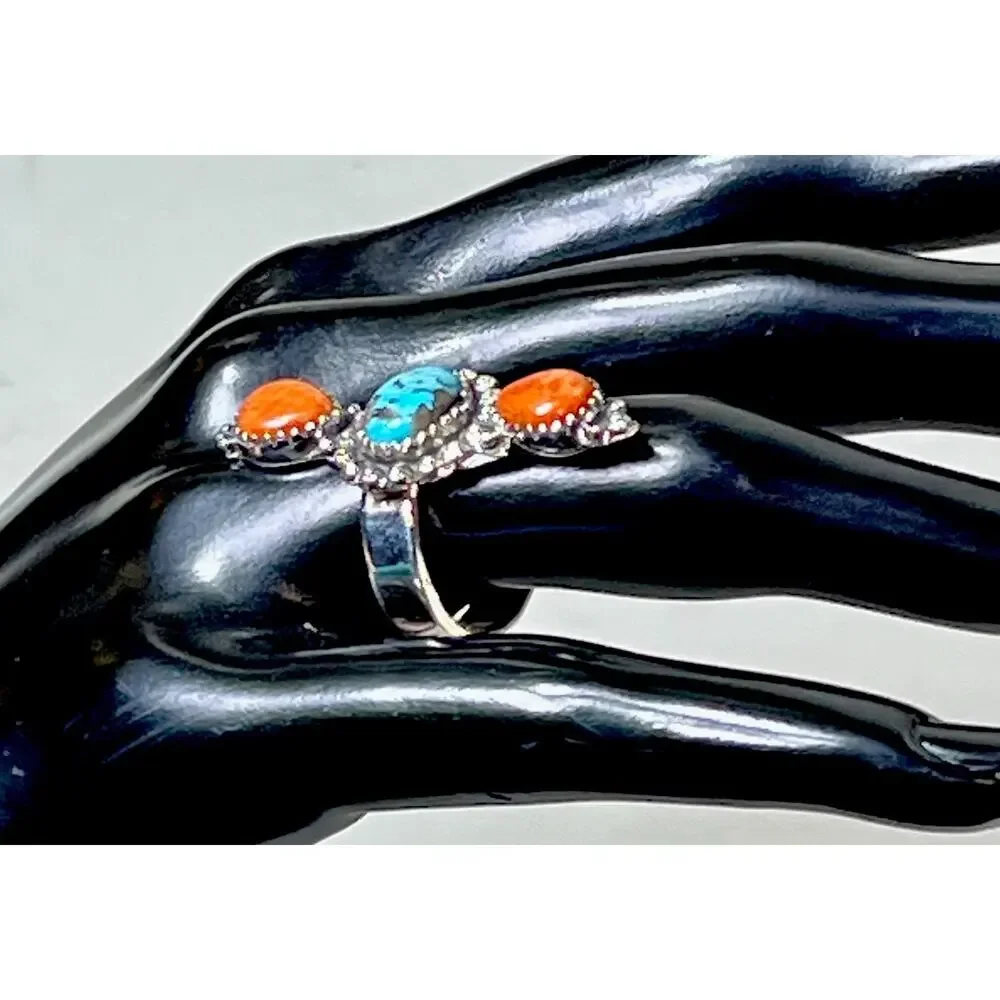 Sterling Silver Spiny Oyster Kingman Turquoise Cluster Statement Ring Adjust Sz